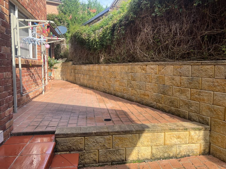 Rendered wall with green mould and dirt before washing